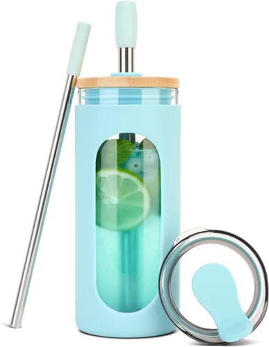 Vista 13 de Sursip - Vaso de vidrio de 20 oz con tapas y popotes, taza de café helado reutilizable de vidrio de borosilicato con tapa de bambú para batido, jugo