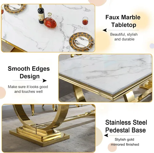 Vista 5 de Juego de mesa de comedor de mármol para 4, mesa de cocina rectangular de mármol blanco de 70 pulgadas con base en O de acero inoxidable dorado
