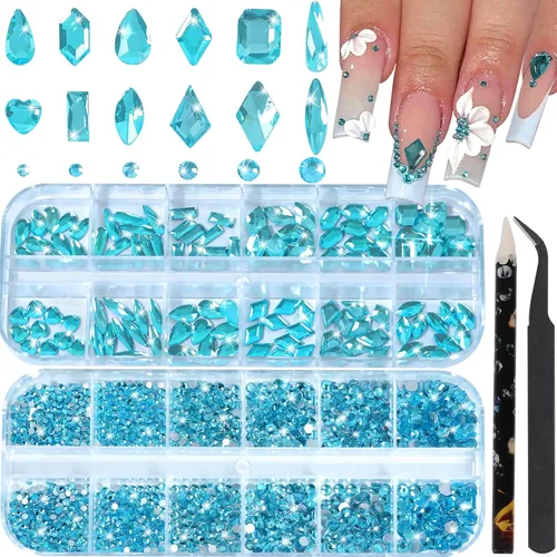 Vista 9 de Diamantes de imitación para uñas, tamaño 3D multiforma, gemas y dijes de cristal AB para uñas, parte trasera plana, con kit para arte de uñas