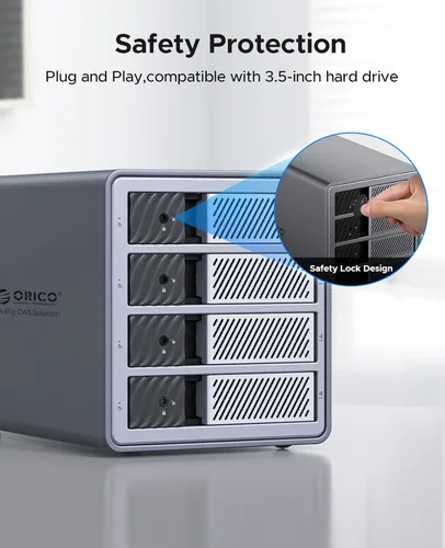 Vista 7 de ORICO Carcasa para disco duro de 4 bahías, compatible con 8 modos RAID para HDD de 3.5 pulgadas máx. hasta 88 TB para almacenamiento externo