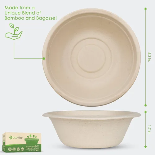Vista 2 de Ecovita Cuencos de Papel 100% Compostables [12 oz.] – 150 Cuencos Desechables Ecológicos Resistentes Sin Árboles Resistentes a Líquidos y Calor
