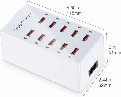Vista 3 de Cargador USB de 10 puertos estación de carga para múltiples dispositivos, cargador de pared USB, tira de concentrador de alimentación, enchufe