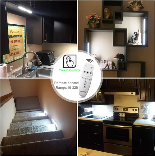 Vista 3 de LDOPTO - Juego de 2 luces para debajo del armario, luces LED con control remoto accionadas a pila, iluminación LED para debajo del armario