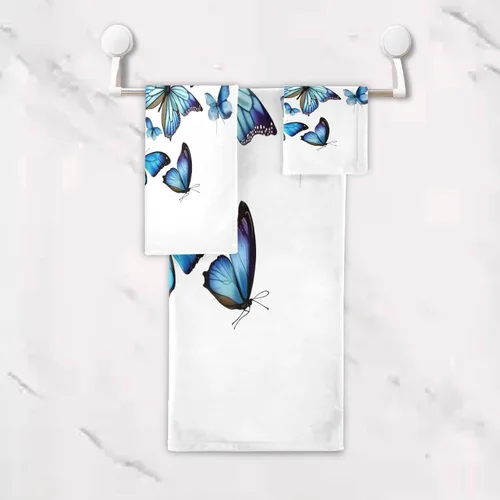 Vista 5 de ALAZA Juego de 3 toallas de baño con diseño de mariposas azules, 1 toalla de baño, 1 toalla de mano, 1 toallita suave, multiusos, para baño, hotel