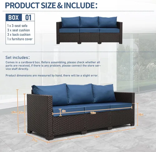 Vista 2 de Valita Muebles de patio de 3 asientos, sofá de mimbre marrón, muebles de exterior, sofá de exterior, asiento profundo, respaldo alto, funda Azul