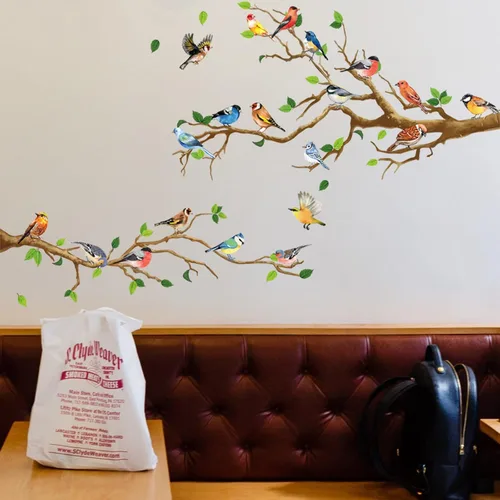Vista 5 de Maydahui Vinilo adhesivo de pared con diseño de pájaros en ramas de árbol (34 x 34 pulgadas) removible para despegar y pegar, murales artísticos