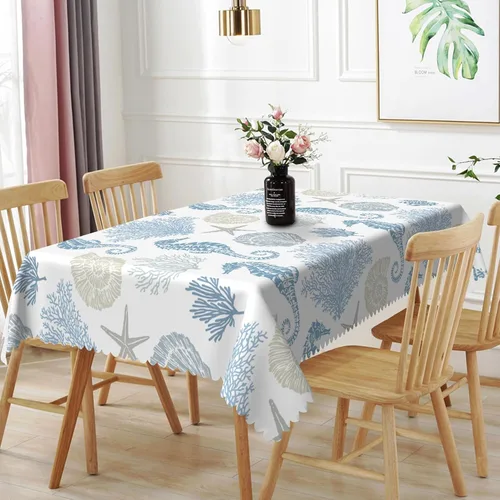 Vista 31 de Mantel oblongo, diseño de playa de 52 x 70 pulgadas, diseño de playa con estrellas de mar y olas de mar, con decoración impermeable y resistente a