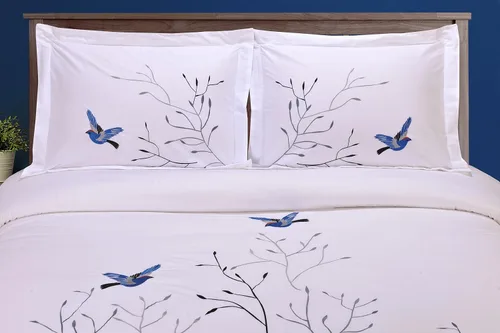 Vista 2 de Superior Juego de funda de edredón de 3 piezas, 100% algodón percal, bordado, matrimonial/queen, golondrina azul