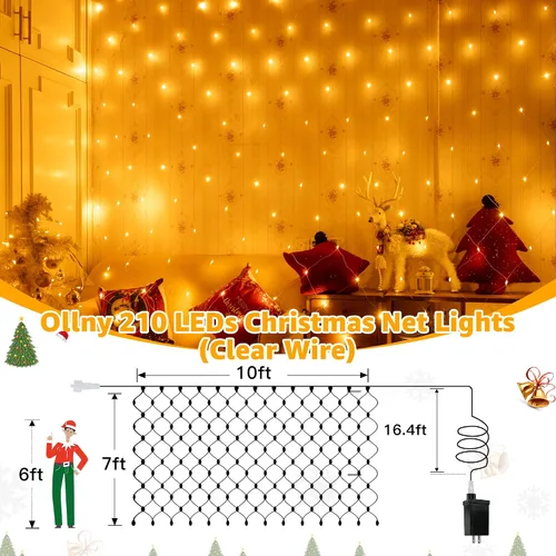 Vista 3 de Ollny - Luces de red para exteriores de 10 x 7 pies, 210 luces LED de cable transparente conectables, luces de red de Navidad con 8 modos, IP67