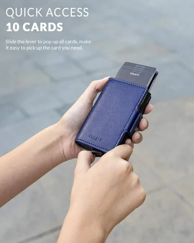 Vista 2 de VULKIT Tarjetero de crédito con bloqueo RFID de cuero automático billetera desplegable delgada con clip para dinero funda doble para tarjetas