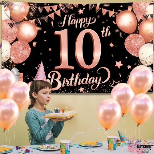 Vista 2 de KatchOn Cartel de cumpleaños número 10 de oro rosa - XL, 72 x 44 pulgadas Telón de fondo de feliz cumpleaños 10