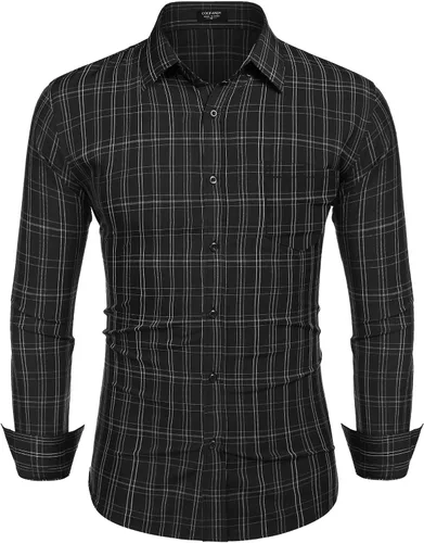 Vista 3 de COOFANDY Camisas de vestir para hombre, ajuste regular, con botones, sin arrugas, de manga larga, a cuadros