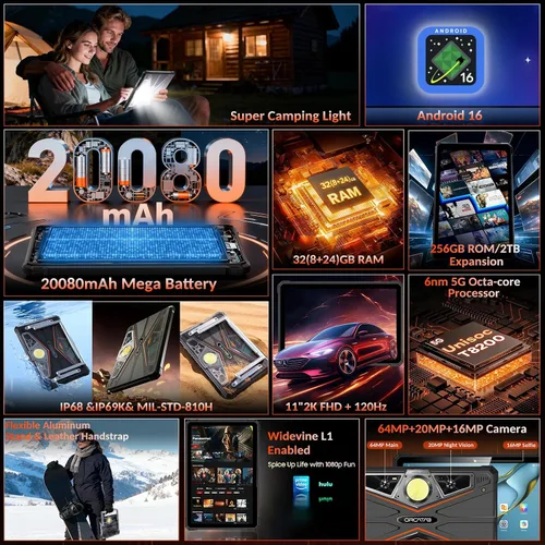 Vista 8 de WT1 Pro 2026 5G Tablet resistente Android 16, 2K 11" 120Hz 33W 20080mAh tableta impermeable, 32GB+256GB/2TB Tabletas al aire libre, 64MP+16MP+20MP
