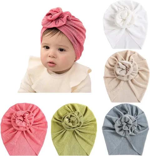 Vista 13 de Newborn Babies Headwrap Hat Infant Toddler Cotton Soft Cute Nursery Beanie Headbands Top Bowknot Cap Multicolor 5 piezas flor/9.8 ft-2 años