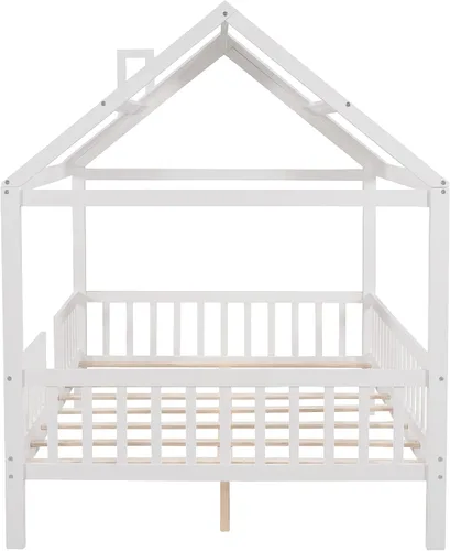 Vista 8 de Merax Cama de casa completa para niños, marco de cama matrimonial de madera en forma de casa, marco de cama con ventanas de techo y barandillas