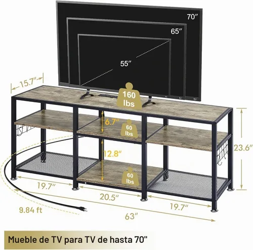 Vista 2 de VECELO Soporte de TV de 63 pulgadas con tomas de corriente para televisión de 55/60/65/70 pulgadas, centro de entretenimiento con estantes de Gris