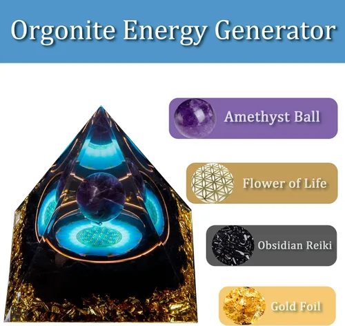 Vista 2 de Pirámide de orgón, pirámide de cristal curativo de amatista y piedras curativas de orgonita, cristales de protección, generador de energía