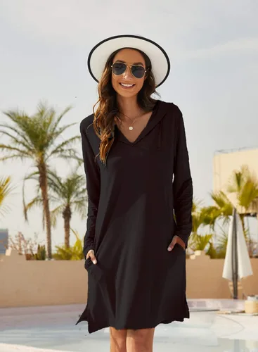 Vista 3 de Vestido de playa con protección solar UPF 50+ para mujer, manga larga, ligero, atlético, con capucha UV