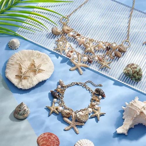 Vista 5 de PH PandaHall Pulseras de concha de estrella de mar, pulsera de perlas de imitación de concha de estrella de mar, pulsera bohemia ajustable de concha