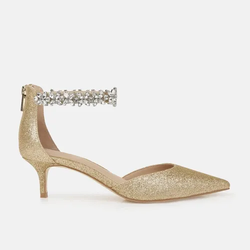 Vista 4 de Guayonng Zapatos de tacón bajo con diamantes de imitación de boda para mujer, zapatos de noche para novia nupcial
