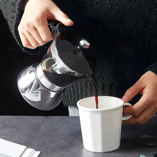 Vista 2 de Fdit Máquina clásica para estufa, 6 tazas de acero inoxidable, olla de café italiana octogonal para el hogar
