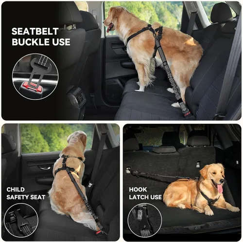 Vista 4 de Pawaboo Arnés de cinturón de seguridad para perro, arnés de automóvil con clips dobles, chaleco ajustable transpirable para mascotas y correa
