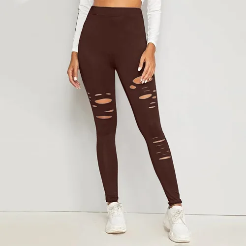Vista 5 de Leggings rasgados de guerrero para mujer, pantalones de yoga de cintura alta con control de abdomen, pantalones deportivos de entrenamiento