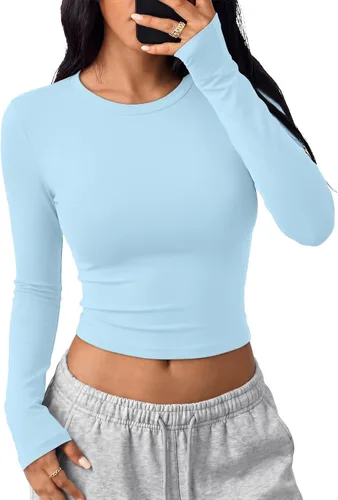 Vista 25 de Trendy Queen Camisetas cortas de manga larga para mujer, camisetas básicas Blanco