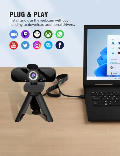 Vista 6 de Tewiky Cámara web Full HD con micrófono integrado y trípode giratorio, video 2K y cámara gran angular, cubierta de privacidad, para PC de escritorio