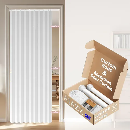 Vista 17 de AJAZZ Conjunto: Barras para cortinas sin perforación (28-39" de ancho) y cortina acordeón para puerta, beige 43" de ancho × 78" de largo, puertas
