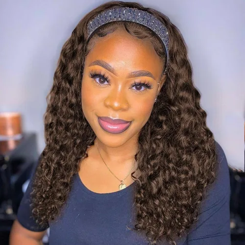 Vista 11 de Youngirl Peluca de cabello humano ondulado profundo con diadema de 12 pulgadas para mujeres negras, sin pegamento, sin encaje frontal, peluca