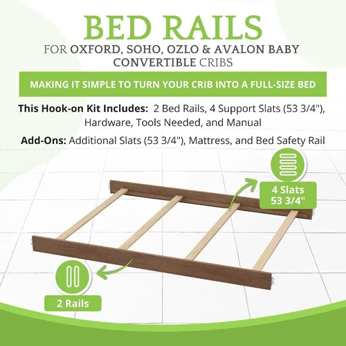 Vista 2 de Kit de conversión de tamaño completo, rieles de cama para cunas convertibles Oxford, Soho, Ozlo y Avalon para bebés, madera maciza, riel de cama