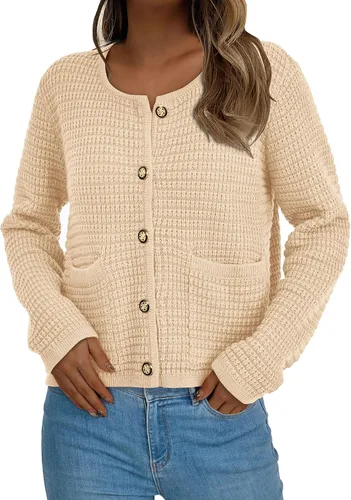 Vista 2 de PRETTYGARDEN Suéteres tipo cárdigan con frente abierto para mujer, con botones, manga larga, casual, lindas, de punto, con bolsillos