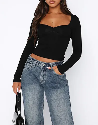 Vista 7 de Cioatin Camisetas cortas para mujer, ropa Y2K, cuello corazón, manga larga, camiseta delgada de moda para adolescentes