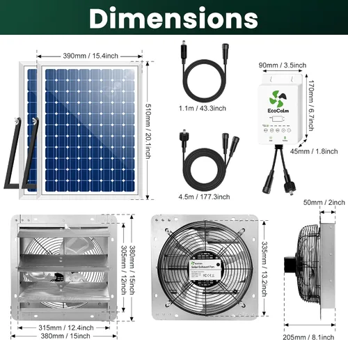 Vista 6 de Ventilador de escape solar de 12 pulgadas para invernadero con termostato inteligente, batería