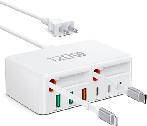 Vista 7 de Cargador USB 6 en 1 de 100 W, estación de carga 50% más pequeña para A-blanco