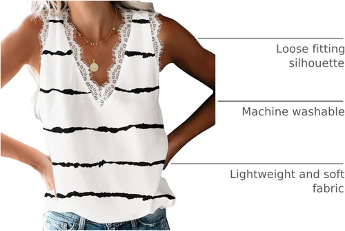 Vista 199 de VIISHOW - Camiseta sin mangas, sexy, con cuello en V y bordes de encaje para mujer, camisola de vestir, camisas de gasa, sin mangas, casuales