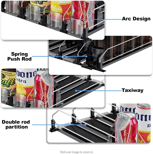 Vista 8 de Organizador de Bebidas para Refrigerador, 12oz 16oz 20oz - Dispensador de Latas de Refresco para Refrigerador, Ancho Ajustable, Deslizador Negro