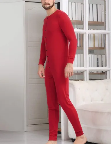 Vista 3 de COLORFULLEAF Ropa interior térmica de algodón para hombre, trajes de unión Henley Onesies capa base