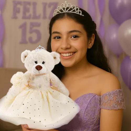 Vista 5 de Muñeca de quinceañera con vestido de membrillo con vestido, decoraciones de quinceañera, regalos de decoración de quinceañera, OSO de peluche