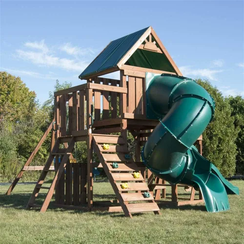 Vista 3 de Swing-N-Slide WS 8359 Tellico - Juego de columpios de madera para terraza con dos toboganes, pared de escalada y columpios, color marrón