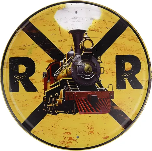 Vista 8 de Framendino, 12 pulgadas ferrocarril cruce estaño signo metal tráfico pared decoración ferroviario camino redondo símbolo