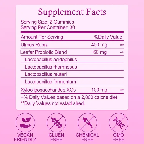 Vista 3 de Gomitas de probióticos femeninos jugosos, probióticos de equilibrio femenino prémium con olmo resbaladizo, probióticos para mujeres, apoya