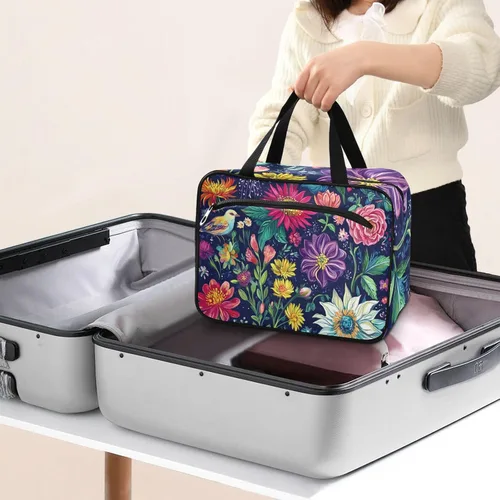 Vista 8 de Flores retro con pintura al óleo de color Siente colgante bolsa de artículos de tocador de viaje con gancho, bolsas lavables de diseñador