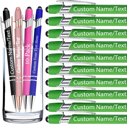 Vista 45 de Bolígrafos personalizados con nombre, paquete de 10 bolígrafos personalizados a granel, bolígrafo de tinta negra grabada con punta de lápiz óptico
