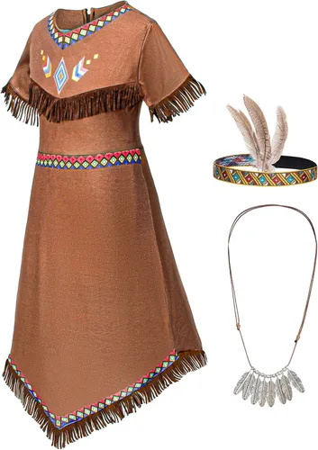 Vista 3 de Disfraz de nativo americano para niñas, vestido de indios indígenas americanos, cosplay de 2 a 12 años