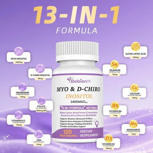Vista 8 de 13-en-1 Myo Inositol & D-Chiro Inositol para Mujeres con PCOS, Equilibrio Hormonal, 2460mg-Relación 40:1, Salud Ovárica y Apoyo al Ciclo Suplemento