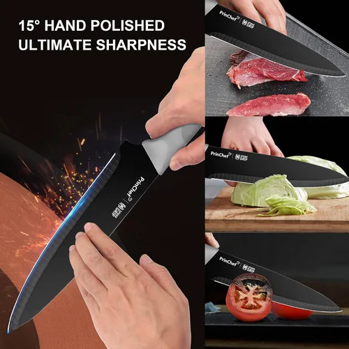 Vista 4 de PrinChef Cuchillo de chef, cuchillo de cocina ultra afilado de 8 pulgadas con funda, cuchillo de chef de acero de alto carbono con revestimiento