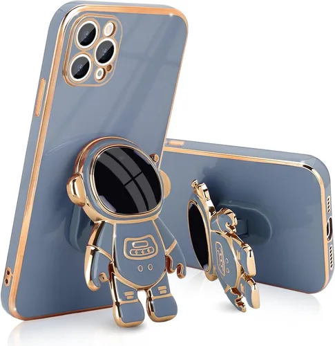 Vista 9 de Pepmune - Funda para iPhone 13 con soporte de astronauta 3D, color negro Luxury Electroplated Soft Silicone Cover with Holder, Lovely 3D Cartoon