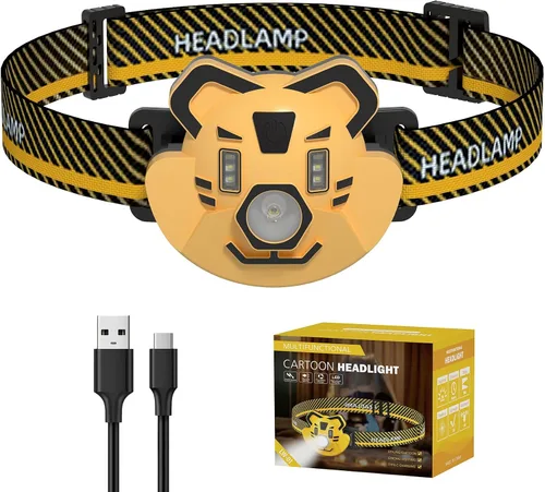 Vista 10 de COSOOS Linterna frontal LED para niños, equipo de camping, modo de rugido y silencio, lámpara de cabeza para exteriores para niño y niña, faro